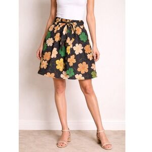 Who What Wear Flare Skirt Black Floral Tie Belt Pull On Stretch Waist NWOT Small